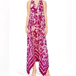 MELLODAY Pleated Floral Satin Magenta and Cream Patterned Maxi Dress Size 1X NWT